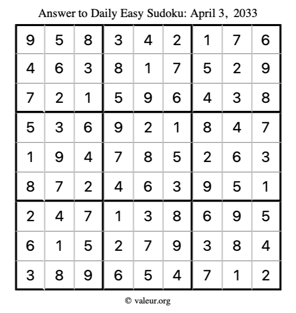 Answer to easy sudoku April 3, 2033