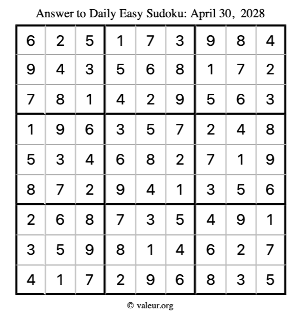 Answer to easy sudoku April 30, 2028
