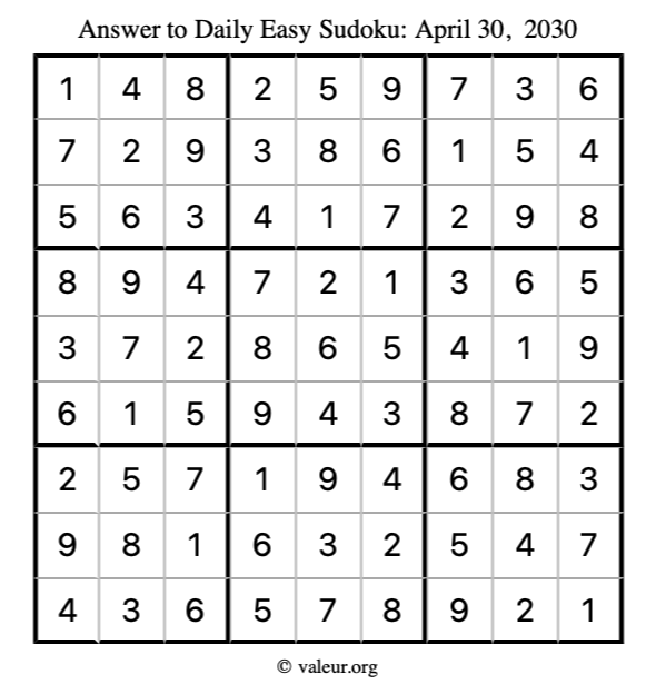 Answer to easy sudoku April 30, 2030
