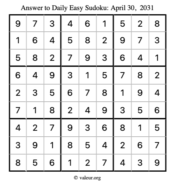 Answer to easy sudoku April 30, 2031