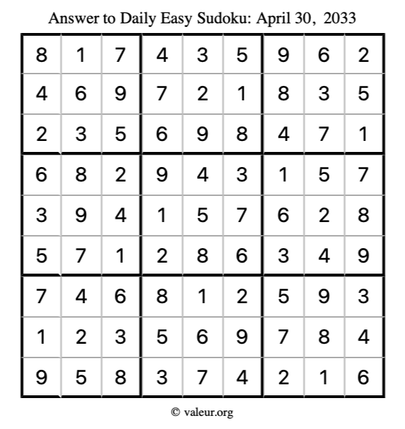 Answer to easy sudoku April 30, 2033