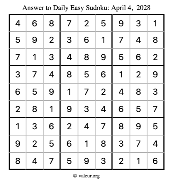 Answer to easy sudoku April 4, 2028