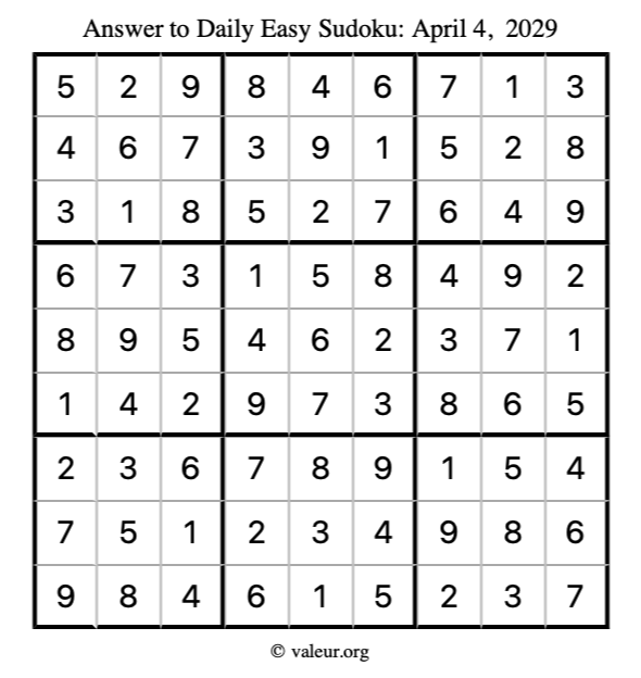 Answer to easy sudoku April 4, 2029