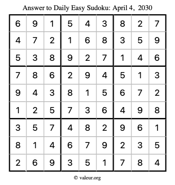 Answer to easy sudoku April 4, 2030