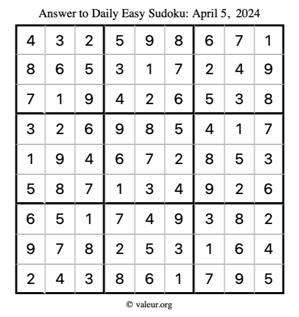 Answer to easy sudoku April 5, 2024