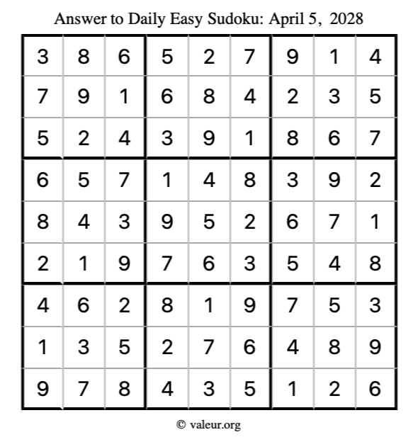 Answer to easy sudoku April 5, 2028