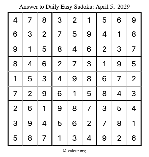 Answer to easy sudoku April 5, 2029