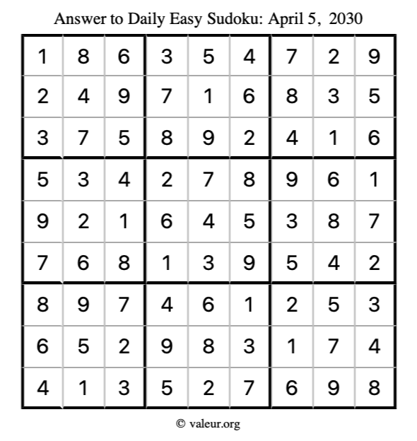 Answer to easy sudoku April 5, 2030