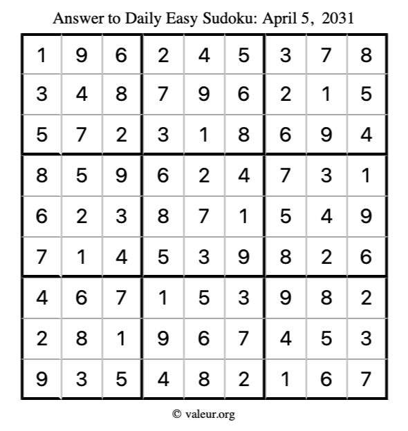 Answer to easy sudoku April 5, 2031