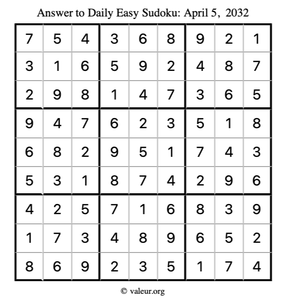 Answer to easy sudoku April 5, 2032