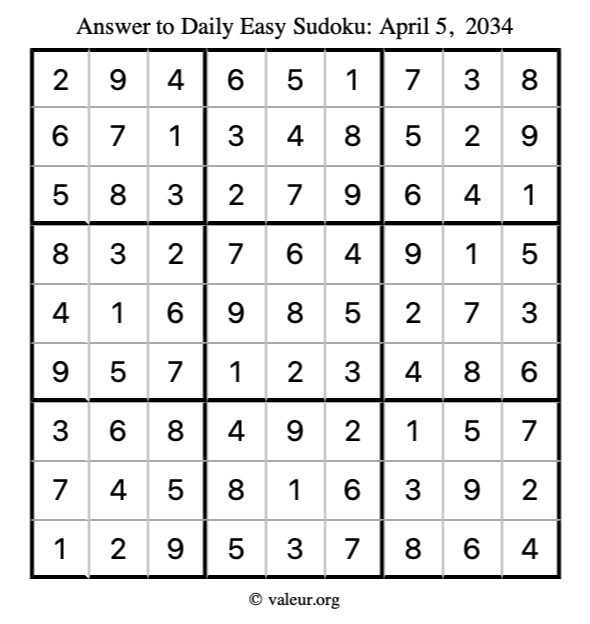 Answer to easy sudoku April 5, 2034
