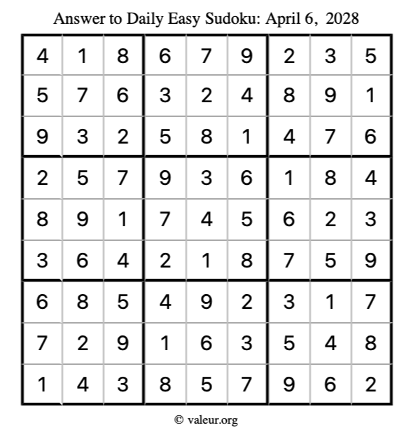 Answer to easy sudoku April 6, 2028