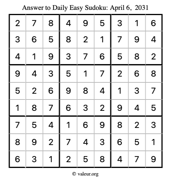 Answer to easy sudoku April 6, 2031
