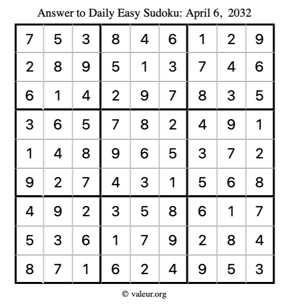 Answer to easy sudoku April 6, 2032