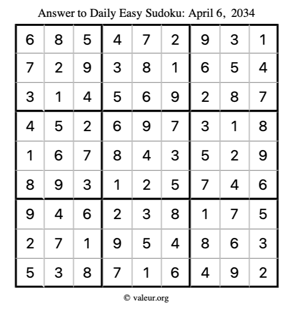 Answer to easy sudoku April 6, 2034