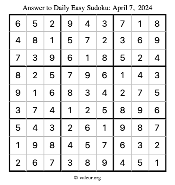 Answer to easy sudoku April 7, 2024