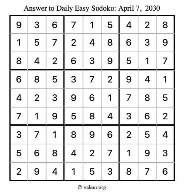 Answer to easy sudoku April 7, 2030