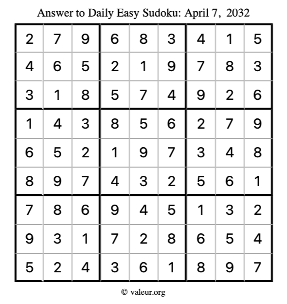 Answer to easy sudoku April 7, 2032