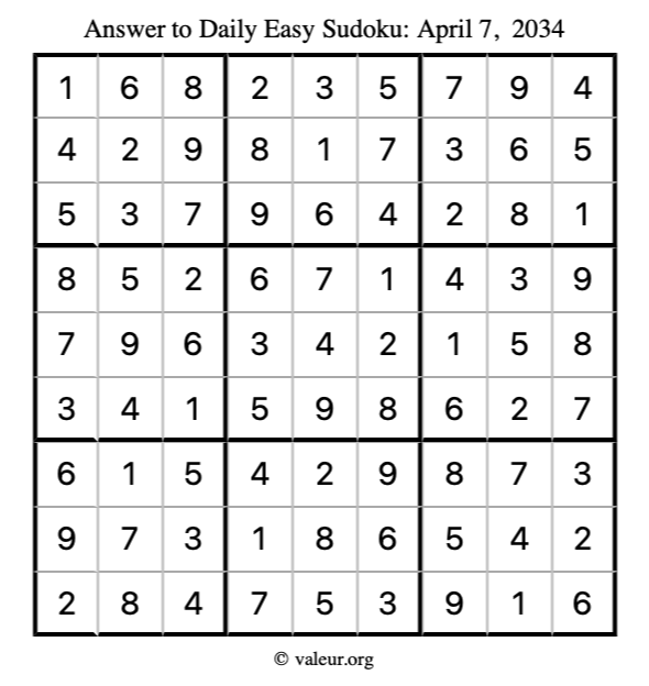 Answer to easy sudoku April 7, 2034