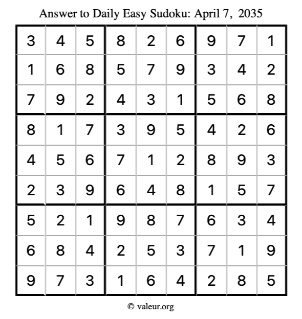 Answer to easy sudoku April 7, 2035