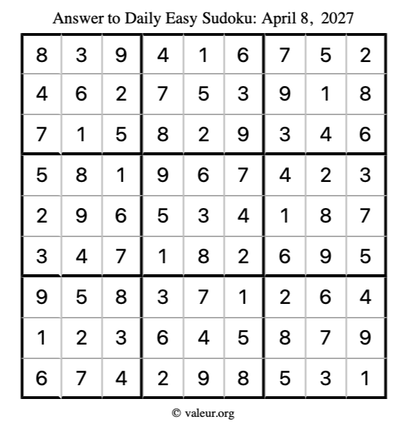 Answer to easy sudoku April 8, 2027