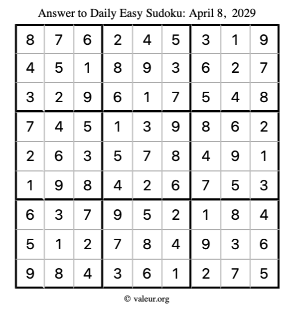 Answer to easy sudoku April 8, 2029