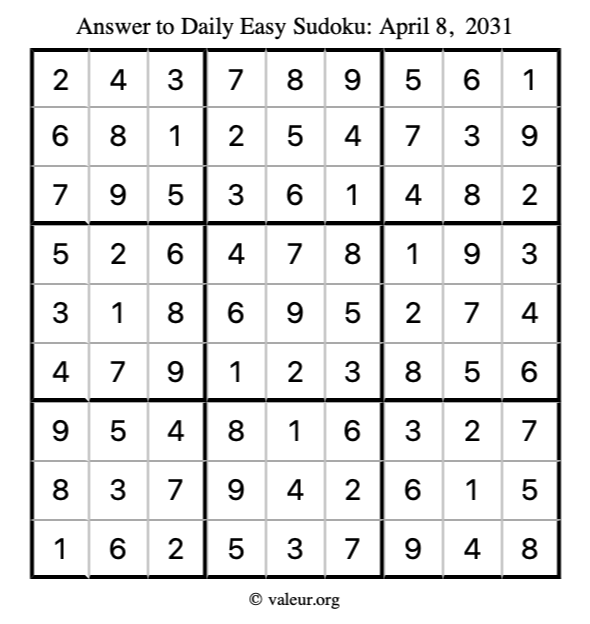 Answer to easy sudoku April 8, 2031