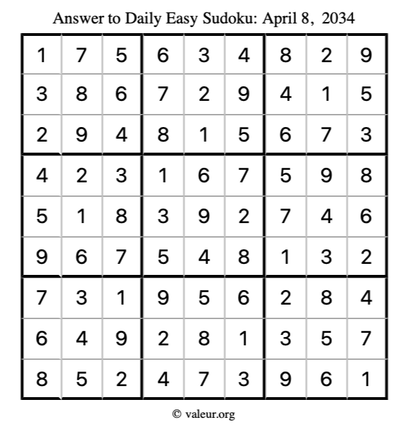 Answer to easy sudoku April 8, 2034
