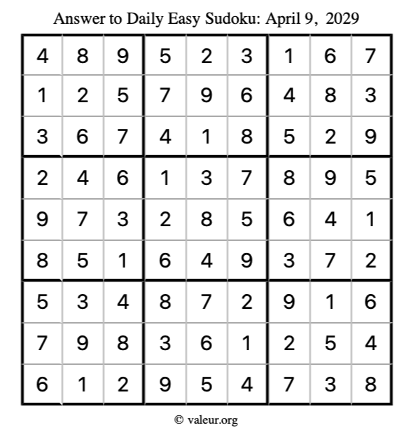 Answer to easy sudoku April 9, 2029