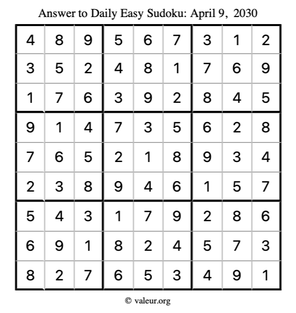 Answer to easy sudoku April 9, 2030