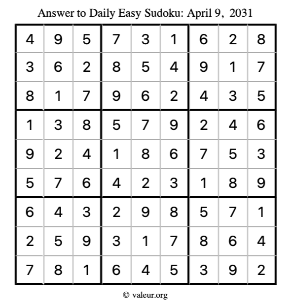 Answer to easy sudoku April 9, 2031