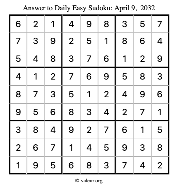 Answer to easy sudoku April 9, 2032