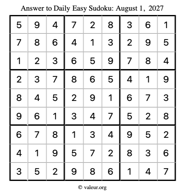 Answer to easy sudoku August 1, 2027
