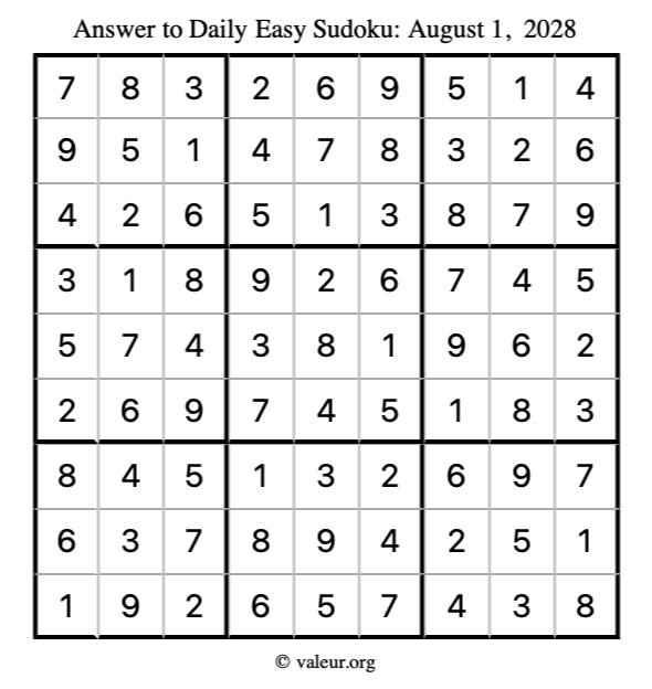 Answer to easy sudoku August 1, 2028