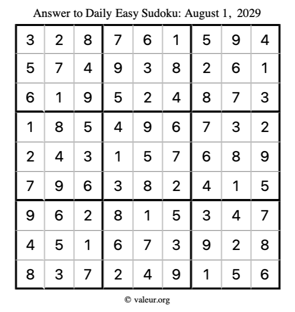 Answer to easy sudoku August 1, 2029