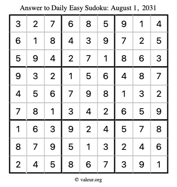 Answer to easy sudoku August 1, 2031