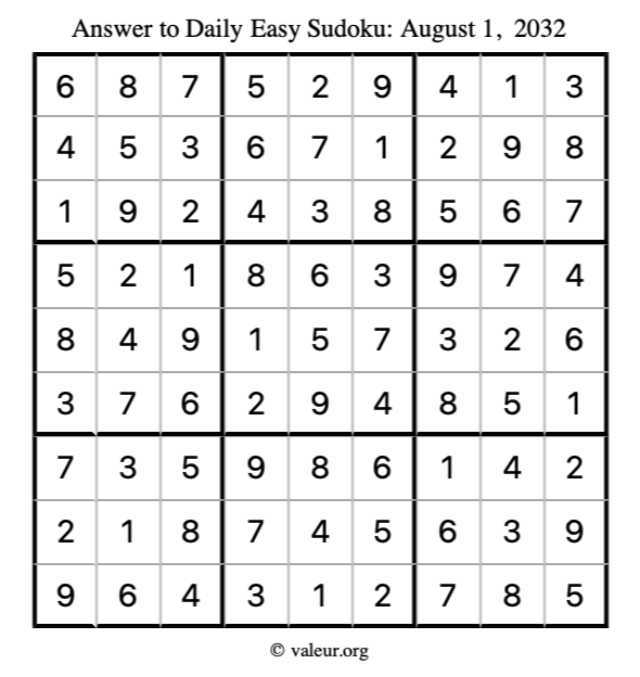 Answer to easy sudoku August 1, 2032