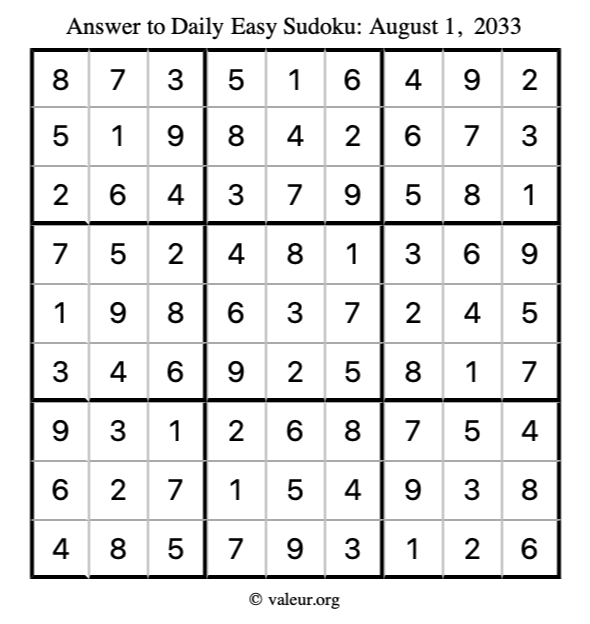 Answer to easy sudoku August 1, 2033