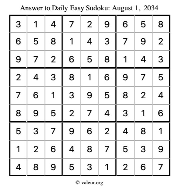 Answer to easy sudoku August 1, 2034