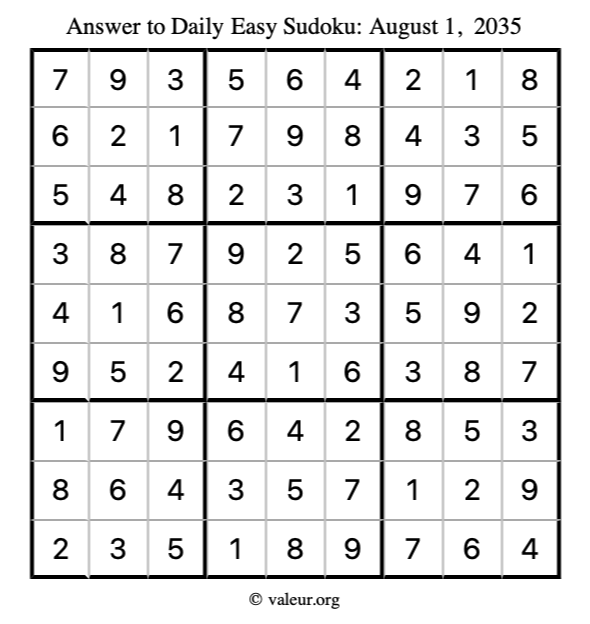 Answer to easy sudoku August 1, 2035