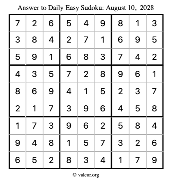 Answer to easy sudoku August 10, 2028