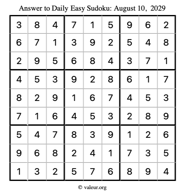 Answer to easy sudoku August 10, 2029