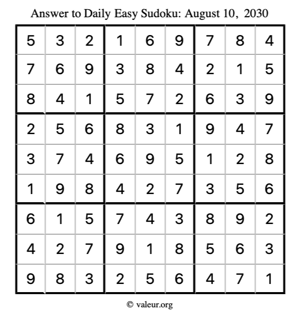 Answer to easy sudoku August 10, 2030