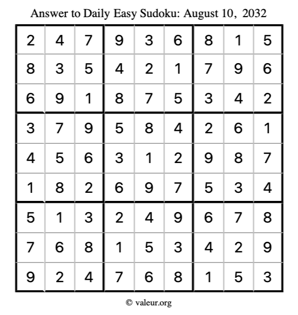 Answer to easy sudoku August 10, 2032