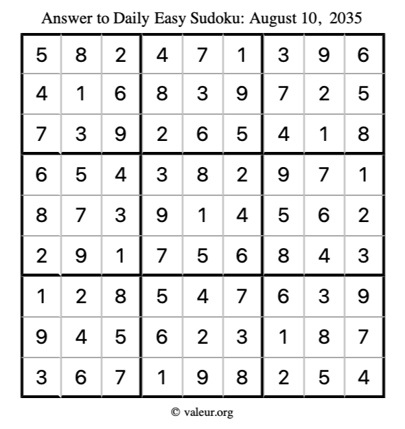 Answer to easy sudoku August 10, 2035