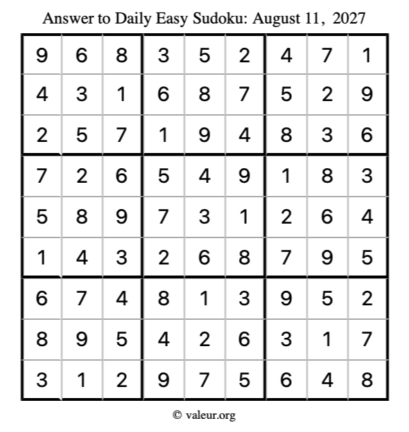 Answer to easy sudoku August 11, 2027