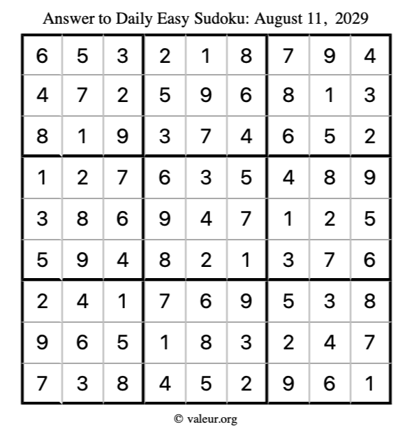 Answer to easy sudoku August 11, 2029
