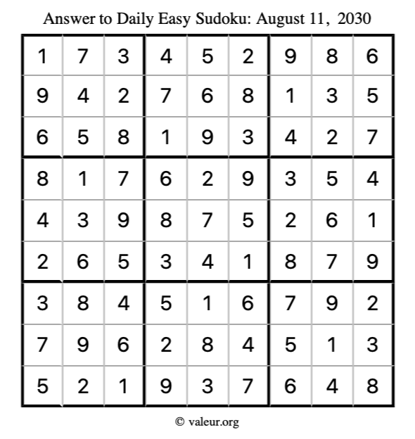 Answer to easy sudoku August 11, 2030