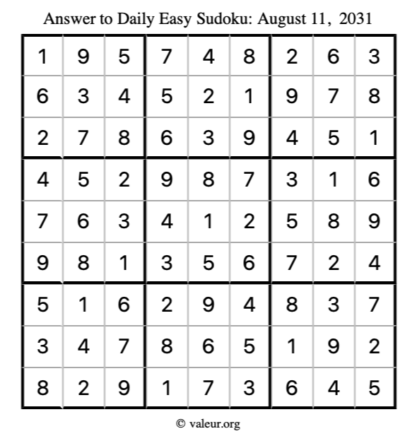 Answer to easy sudoku August 11, 2031