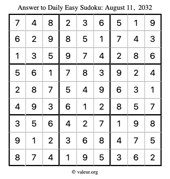 Answer to easy sudoku August 11, 2032
